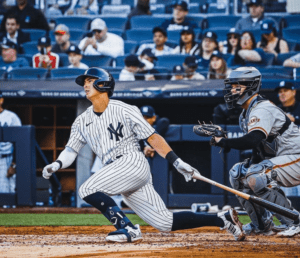 Anthony Volpe is immediately after his first hit against the Giants at Yankees Stadium on April 1, 2023.