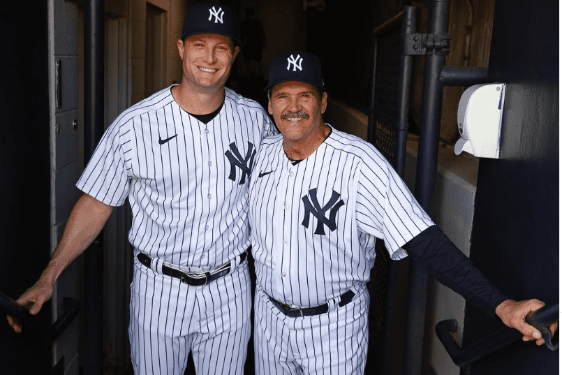 Yankees ace Gerrit Cole is seen with Yankees legend Ron Guidry at Yankee Stadium, April 5, 2023.