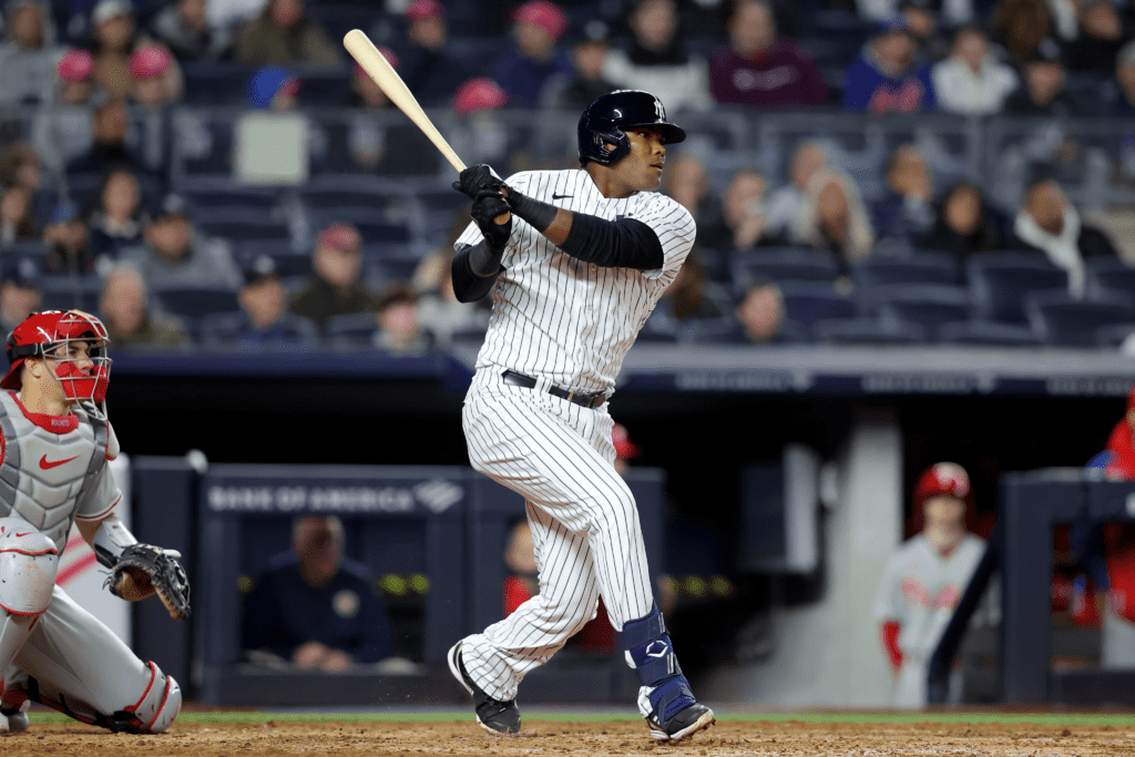 Franchy Cordero in pinstripes during a game at Yankee Stadium.
