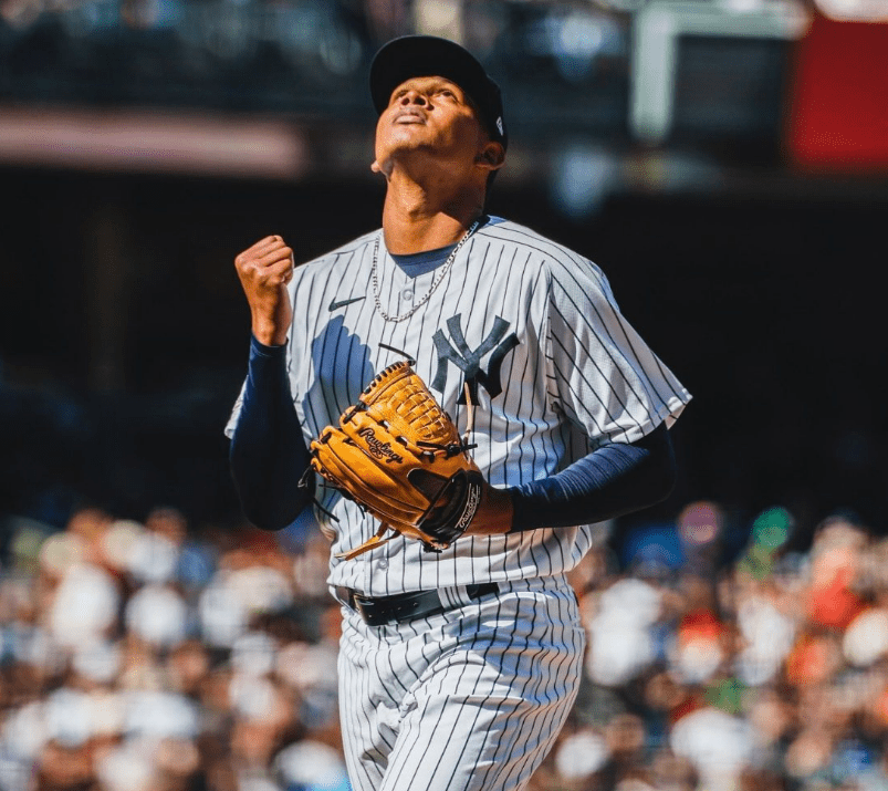 Jhony Brito is seen during his MLB debut as the Yankees starter on April 2, 2023, at Yankee Stadium.