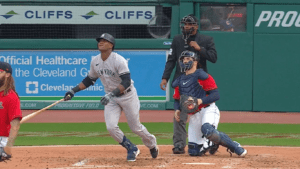 Franchy Cordero hits a three-run homer against the Guardians on April 11, 2023.