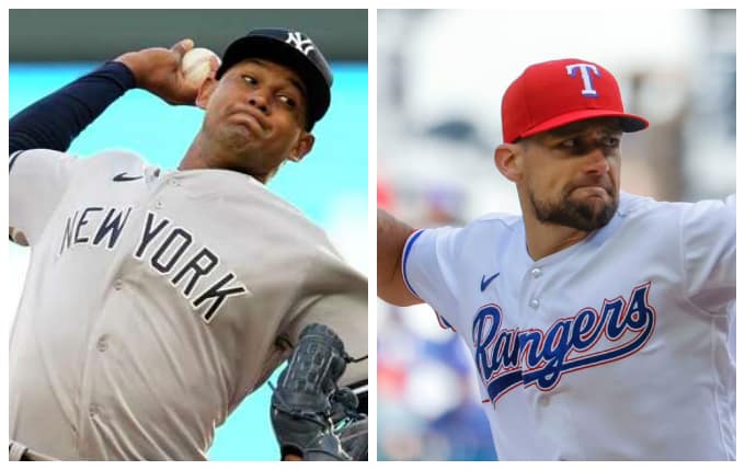 Jhony Brito of the Yankees and the Rangers' Nathan Eovaldi.