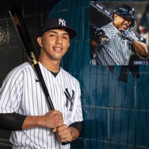 Oswald Peraza of the the New York Yankees in pinstripes. Inset is Giancarlo Stanton.