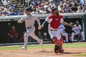 Oswaldo Cabrera hit a tie-breaking double with two outs against Cleveland closer Emmanuel Clase in the ninth inning, April 12, 2023, at Progressive Field, Cleveland.