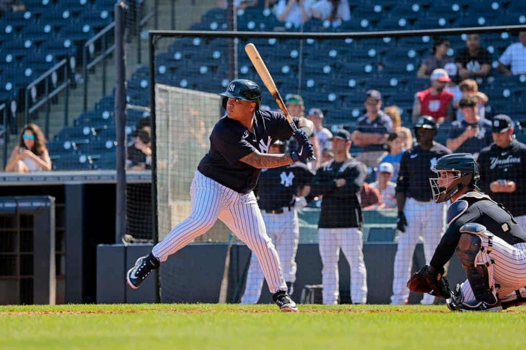 Willie Calhoun is batting during the Yankees spring training camp.
