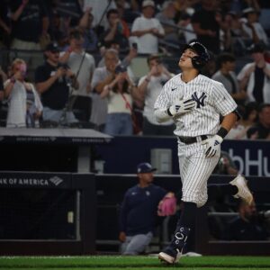 Anthony Volpe hits a home run to tie the game against the Rays at Yankee Stadium on May 12, 2023.