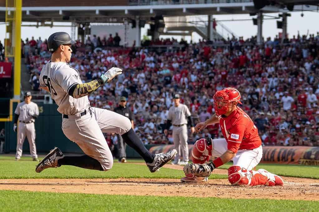 Yankees captain Aaron Judge is seen playing against the Reds in Cincinnati on May 20, 2023.
