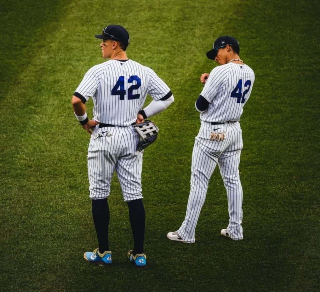 Yankees’ Aaron Judge and Oswaldo Cabrera are see wearing no. 42 on Jackie Robinson Day, April 15, 2023, at Yankee Stadium.
