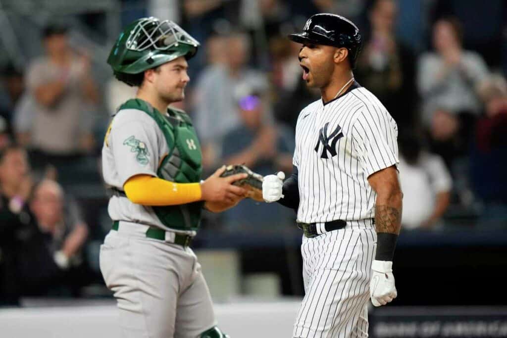 Aaron Hicks of the Yankees hit his first home run of the season against Oakland at Yankee Stadium on Mya 8, 2023.