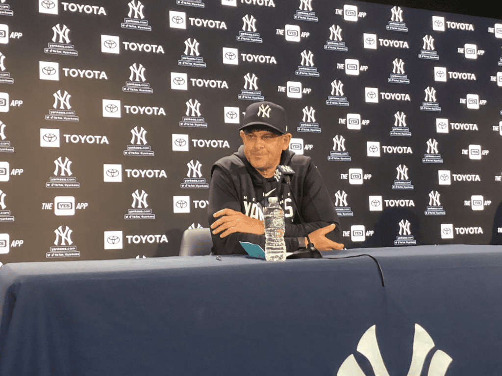 Aaron Boone, manager of the New York Yankees, is talking to the press after the game on April 23, 2023.