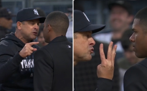 Yankees manager is arguing with umpire before his ejection on May 25, 2023, at Yankee Stadium against the Orioles.