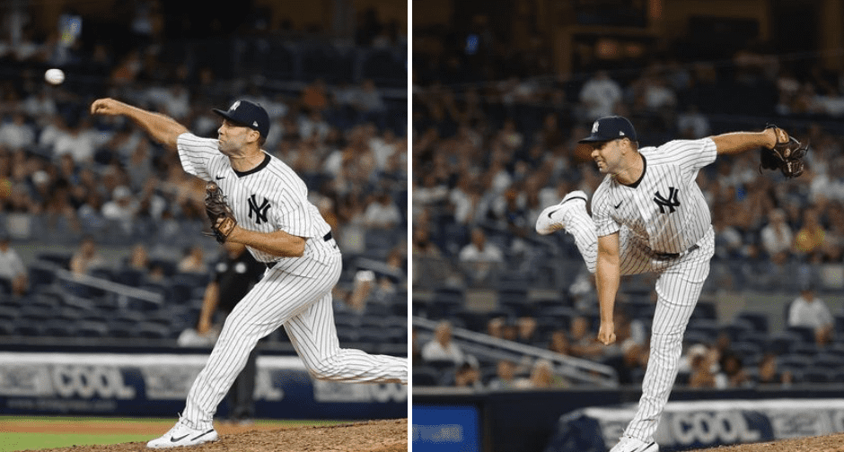 Lou Trivino is pitching for the Yankees at Yankee Stadium in 2022.