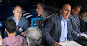 Yankees GM Brian Cashman talks to the press at Yankees dugout on May 3, 2023, at Yankee Stadium.