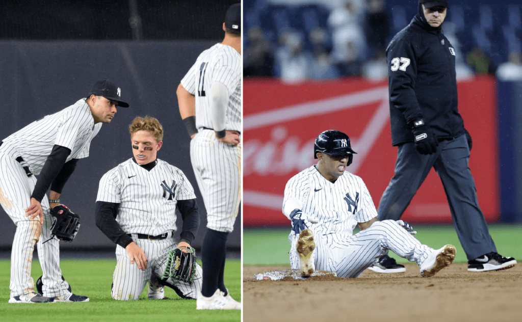 The Yankees almost lost Harrison Bader and Oswald Peraza when they were both pulled out of the game with injuries against the Guardians on May 3, 2023, at Yankee Stadium.