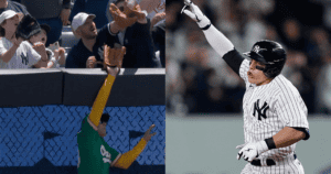 A fan caught the ball hit by Harrison Bader against the Oakland A's at Yankee Stadium on May 10, 2023.