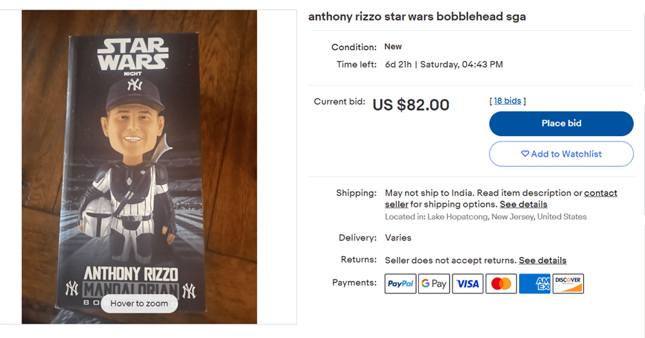 Anthony Rizzo Mandalorian Star Wars Bobblehead SGA New York Yankees  5/12/2023