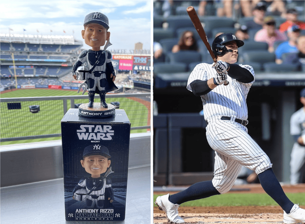 Anthony Rizzo hitting a home run and Anthony Rizzo bobblehead at Yankee Stadium on May 13, 2023.