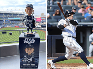 Anthony Rizzo hitting a home run and Anthony Rizzo bobblehead at Yankee Stadium on May 13, 2023.