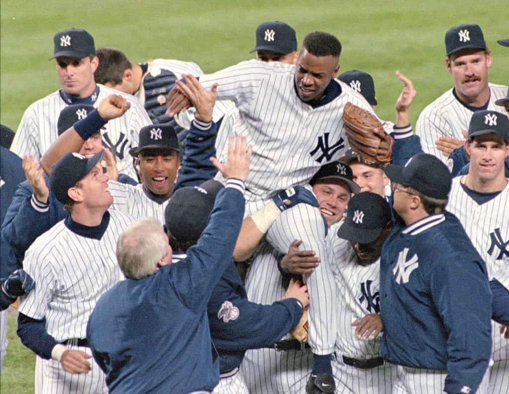 Dwight Gooden is being carried by his teammates after he threw a no-hitter for the Yankees against the Mariners on May 14, 1996.