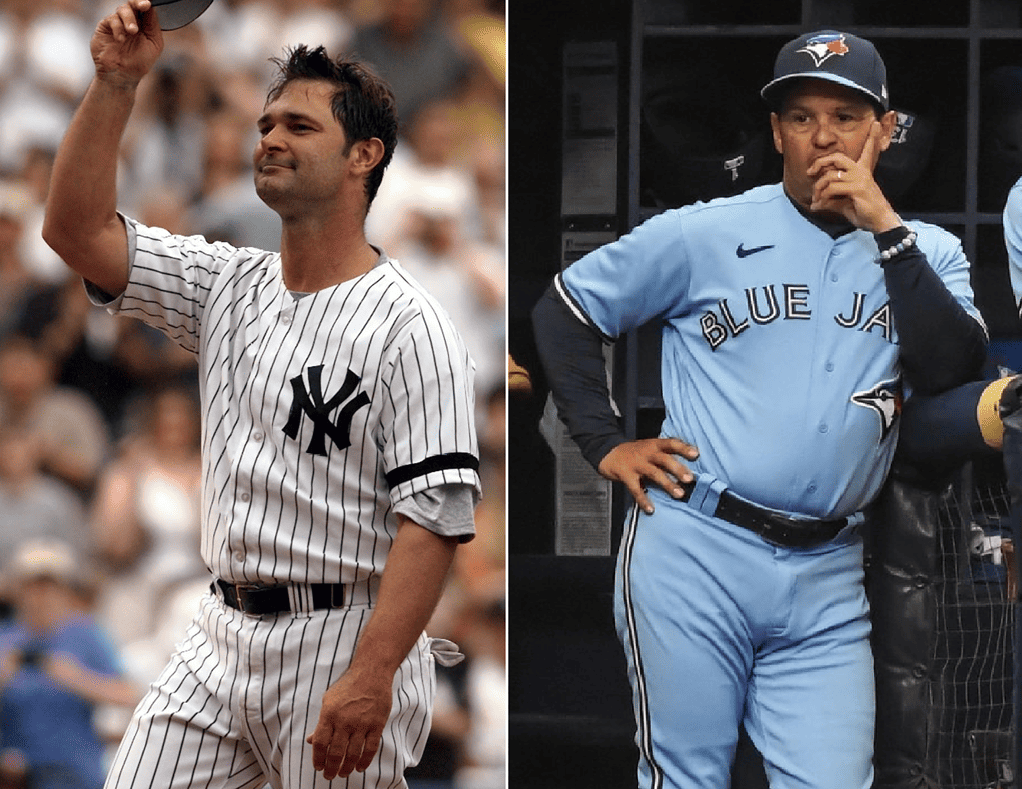 Don Mattingly in the Yankees' pinstripes and in the Blue Jays' uniform.