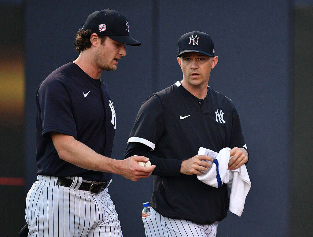 Yankees pitching coach Matt Blake with Gerrit Cole.
