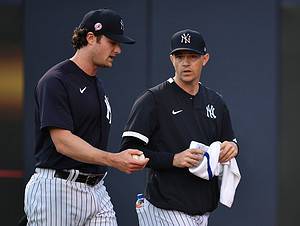 Yankees pitching coach Matt Blake with Gerrit Cole.