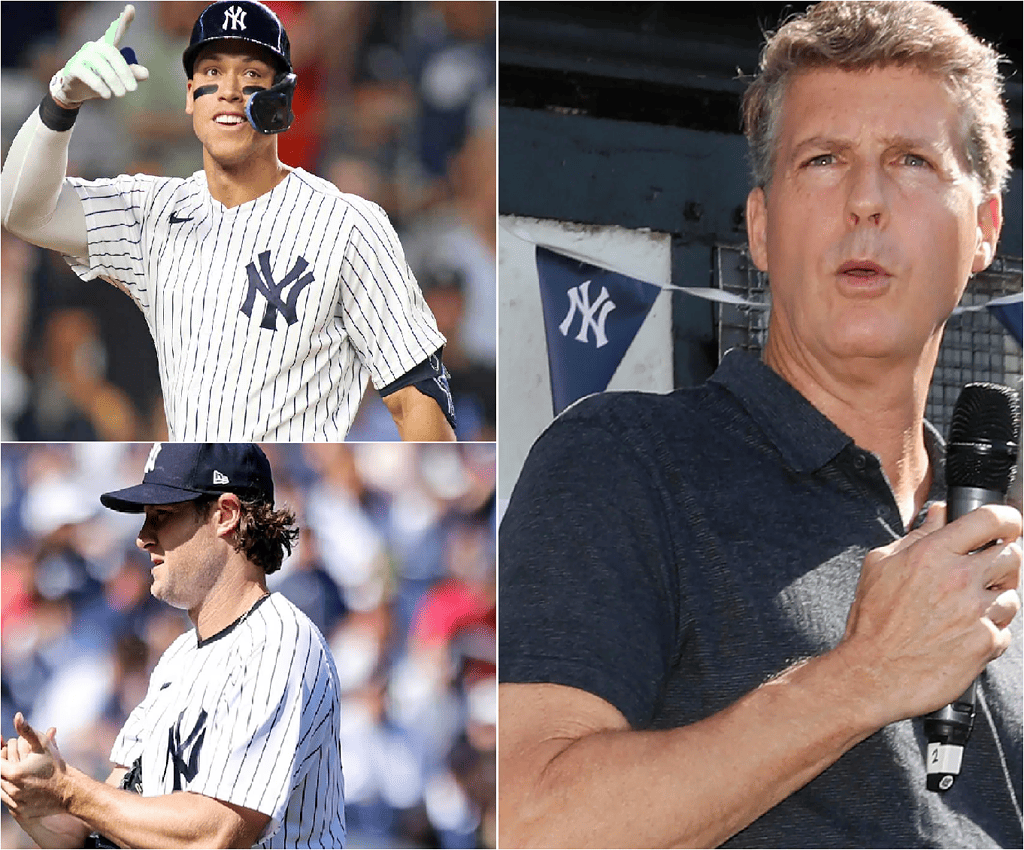 Hal Steinbrenner, Gerrit Cole, and Aaron Judge of the New York Yankees