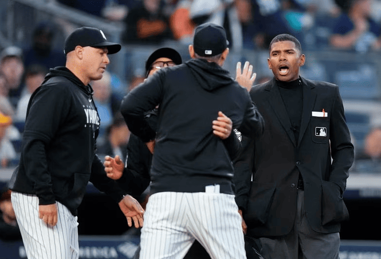 Yankees' manager Aaron Boone is arguing with the umpire after his ejection on My 25, 2023, at Yankee Stadium.