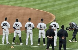 The New York Yankees players before the start of a game at Yankee Stadium.
