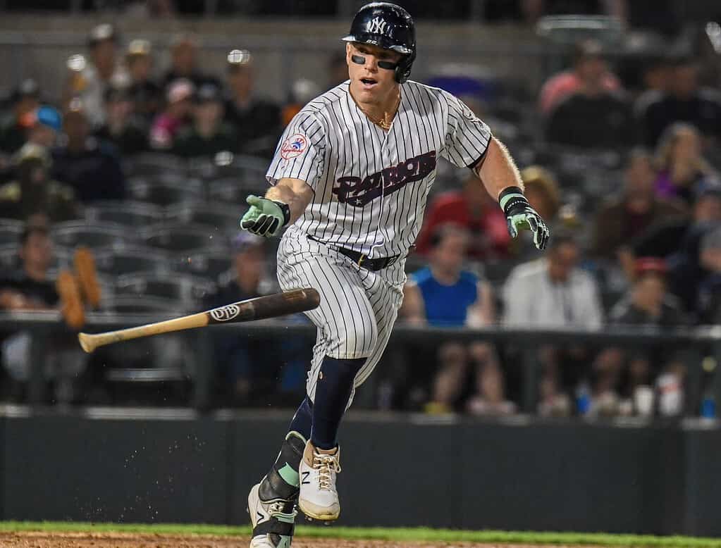 Harrison Bader of the New York Yankees at his rehab game for Somerset Patriots on June 16, 2023.