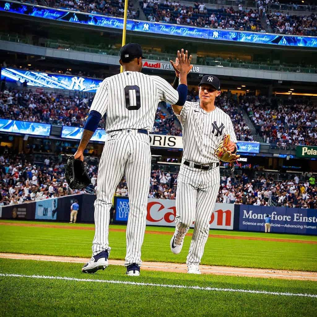 Yankees' Domingo German and Clay Holmes after the team's win against the Red Sox on June 10, 2023, at Yankee Stadium. 