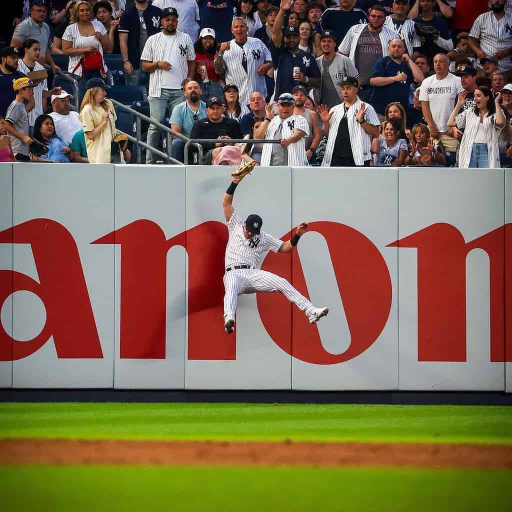 Yankees Jake Bauers makes a spectacular catch against Boston on June 10, 2023, at Yankee Stadium.