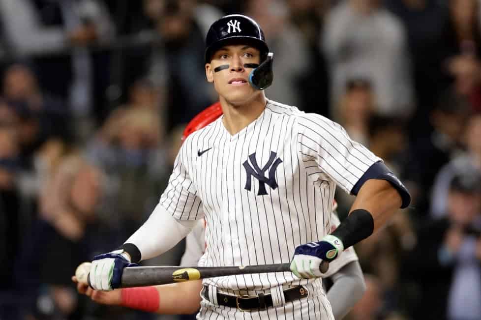 New York Yankees' Aaron Judge reacts to striking out during the fifth inning of a baseball game against the Boston Red Sox on Friday, Sept. 23, 2022, in New York.