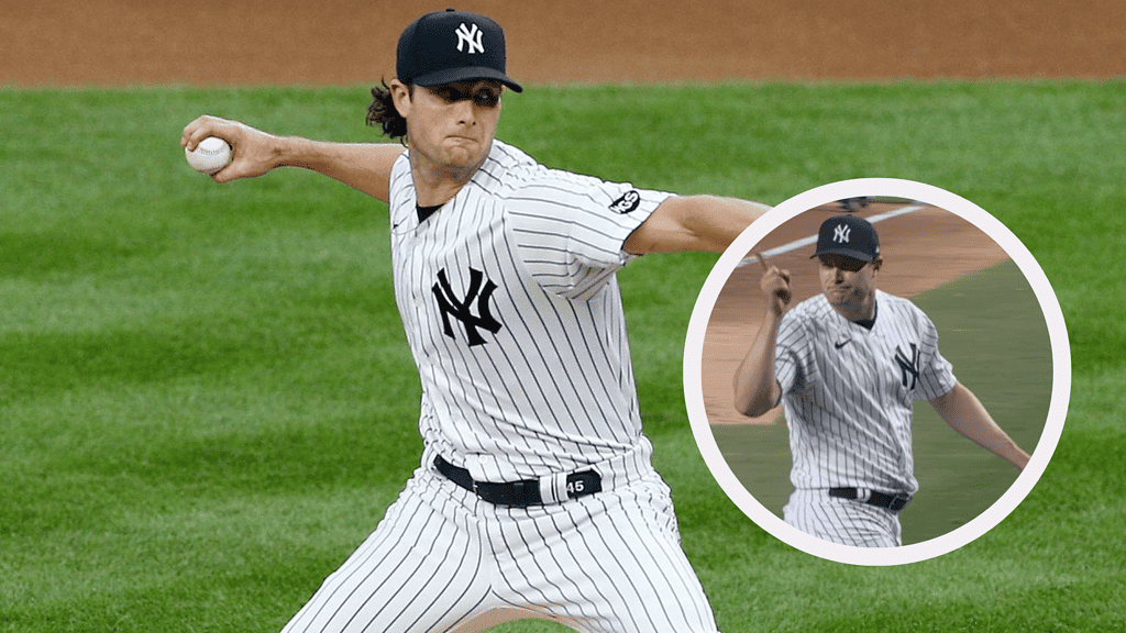 Garrit Cole makes a controversial finger gesture during the Yankees' 3-1 victory over Mariners at Yankee Stadium on June 20, 2023.