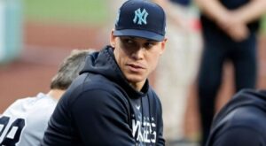 Yankees captain Aaron Judge, who is on the injury list, watches the game against Red Sox at Fenway Park on June 19, 2023.