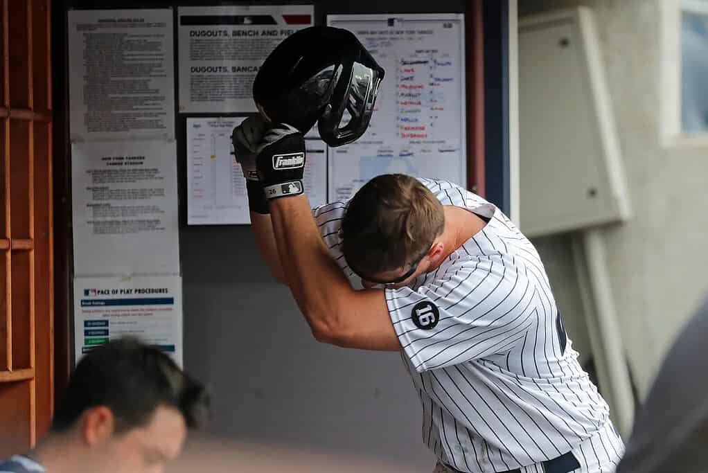 Dj LeMahieu of the New York Yankees is slamming his helmet after a disappointed game against the Mariners on June 23, 2023.