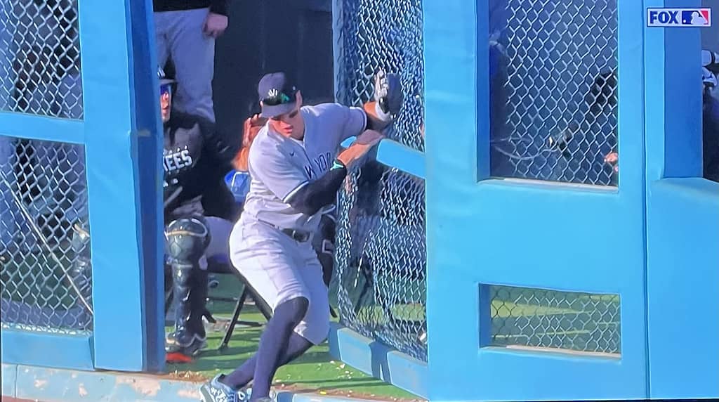 Yankees captain Aaron Judge busted the bullpen door at Dodger Stadium while making a spectacular catch on June 3, 2023.