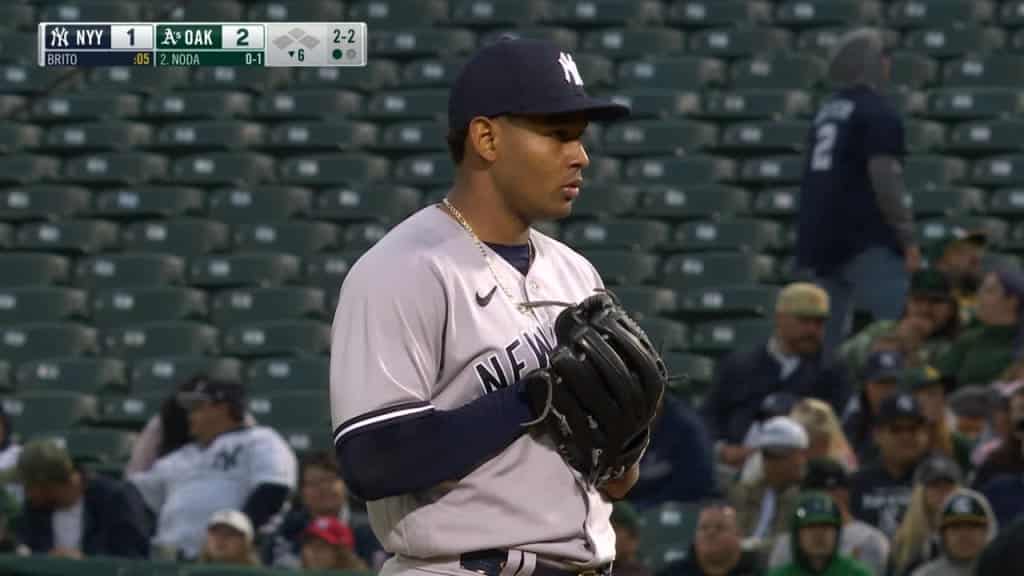 Jhony Brito tosses 5 2/3 innings, allowing four hits, two runs and striking out two against the A's