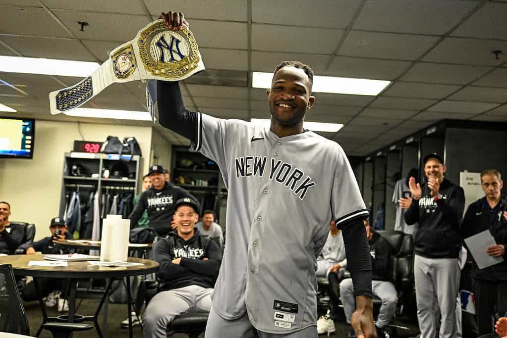 Domingo German gets Yankees belt after he pitched a perfect game against the A's on June 28, 2023, at Oakland.