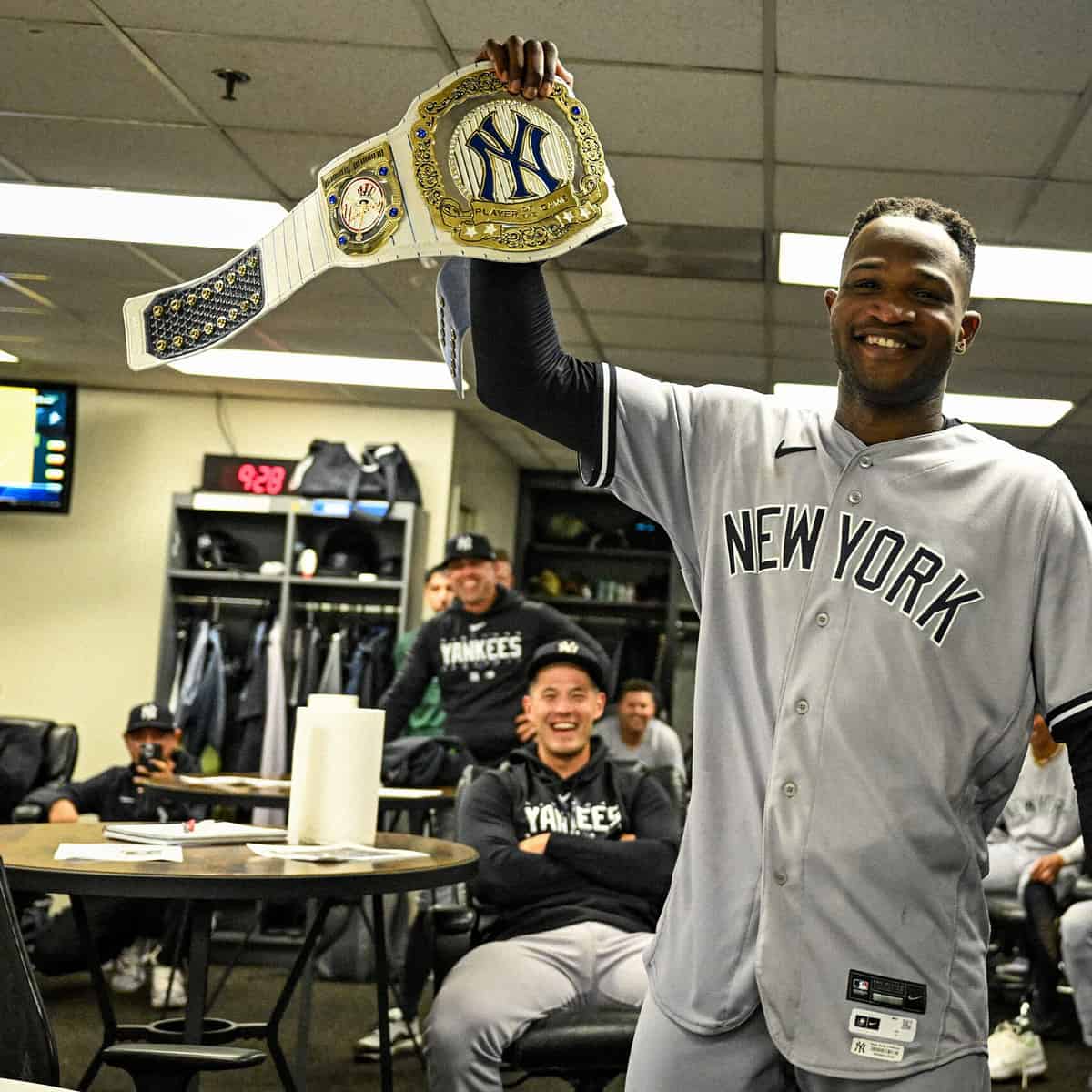 Domingo German gets Yankees belt after he pitched a perfect game against the A's on June 28, 2023, at Oakland.