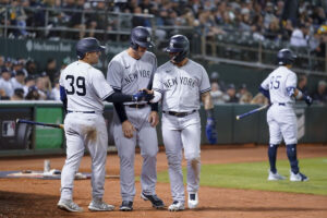 Jose Trevino, Anthony Rizzo, and Gleyber Torres in Oakland, August 25, 2022.