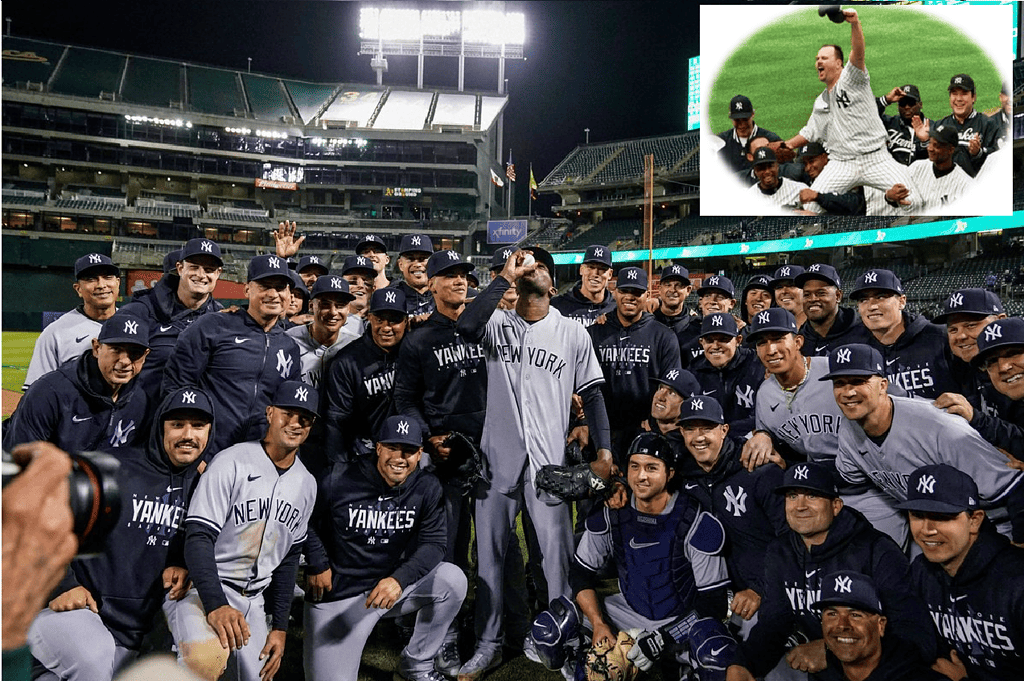 Yankees starter Domingo German with his teammates after pitching a perfect game against the A's on June 28, 2023, at Oakland. Inset is David Wells after pitching his perfect game in 1999.