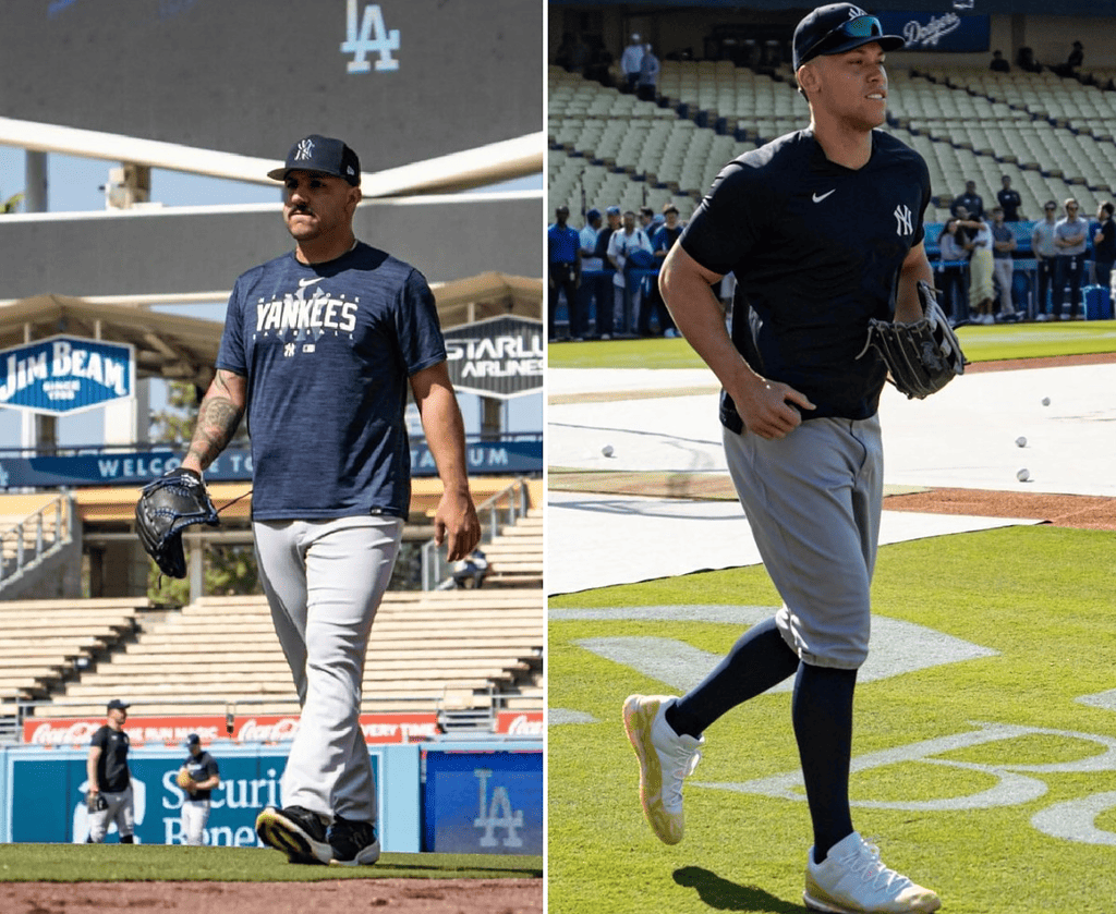 Aaron Judge and Nestor Cortes of the New York Yankees at Dodger Stadium, LA, on June 4, 2023.