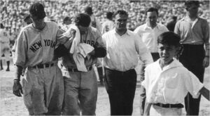 In a June 1934 exhibition game, Lou Gehrig of the Yankees was forced off the field by a fastball from pitcher Ray White.