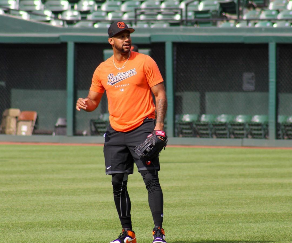 Aaron Hicks is in the Orioles colors at Baltimore.