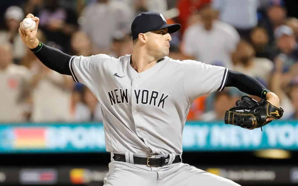 New York Yankees' Clay Holmes pitches during the ninth inning of a