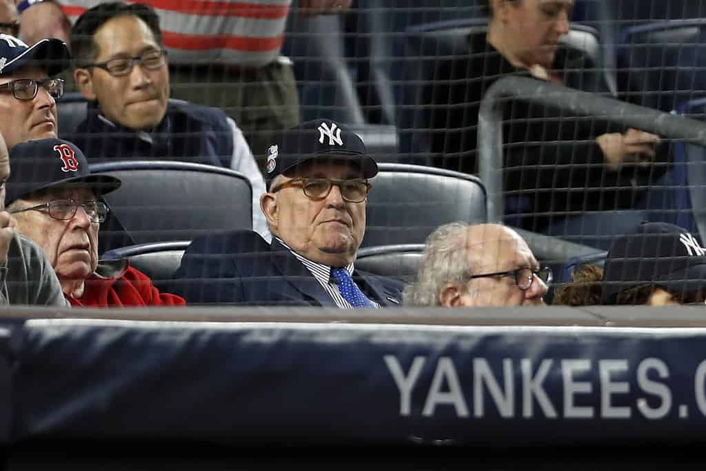 Rudy Giuliani looks pertrubed as he was booed by fans at Yankee Stadium on May 30, 2018.