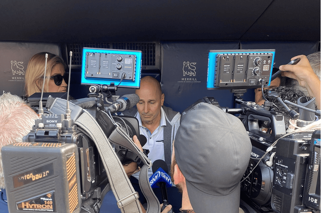 Yankees GM Brian Cashman is talking to the media about Aaron Judge on June 20, 2023, at Yankee Stadium.