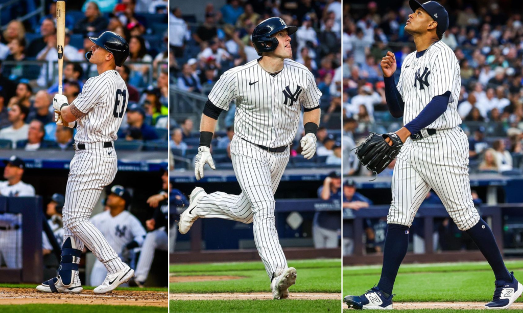 Jake Bauers, Billy McKinney, and Jhony Brito of the New York Yankees up against Seattle on June 21, 2023, at Yankee Stadium.