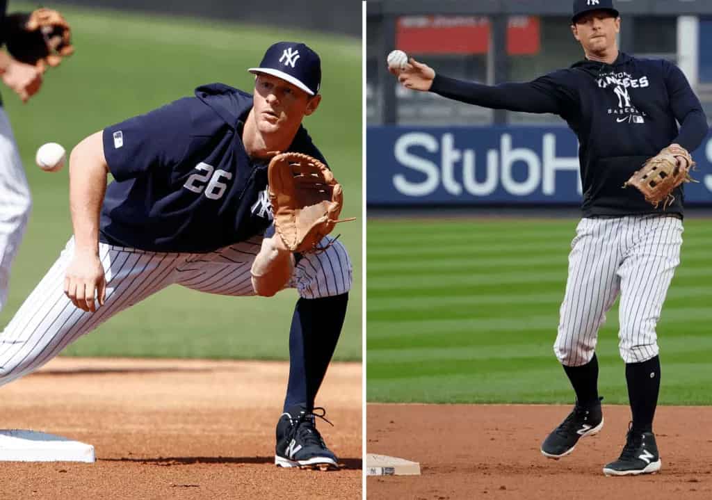 DJ LeMathieu en acción con una camiseta de los Yankees en el campo.